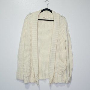 Tulle Cream Chunky Knit Cardigan Sweater Longline Open Knit Pockets Women Medium